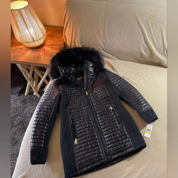 NWT Stunning Michael Kors Black MK Puffer Coat Plush Fur Designer Jacket S - 3X - Picture 3 of 14
